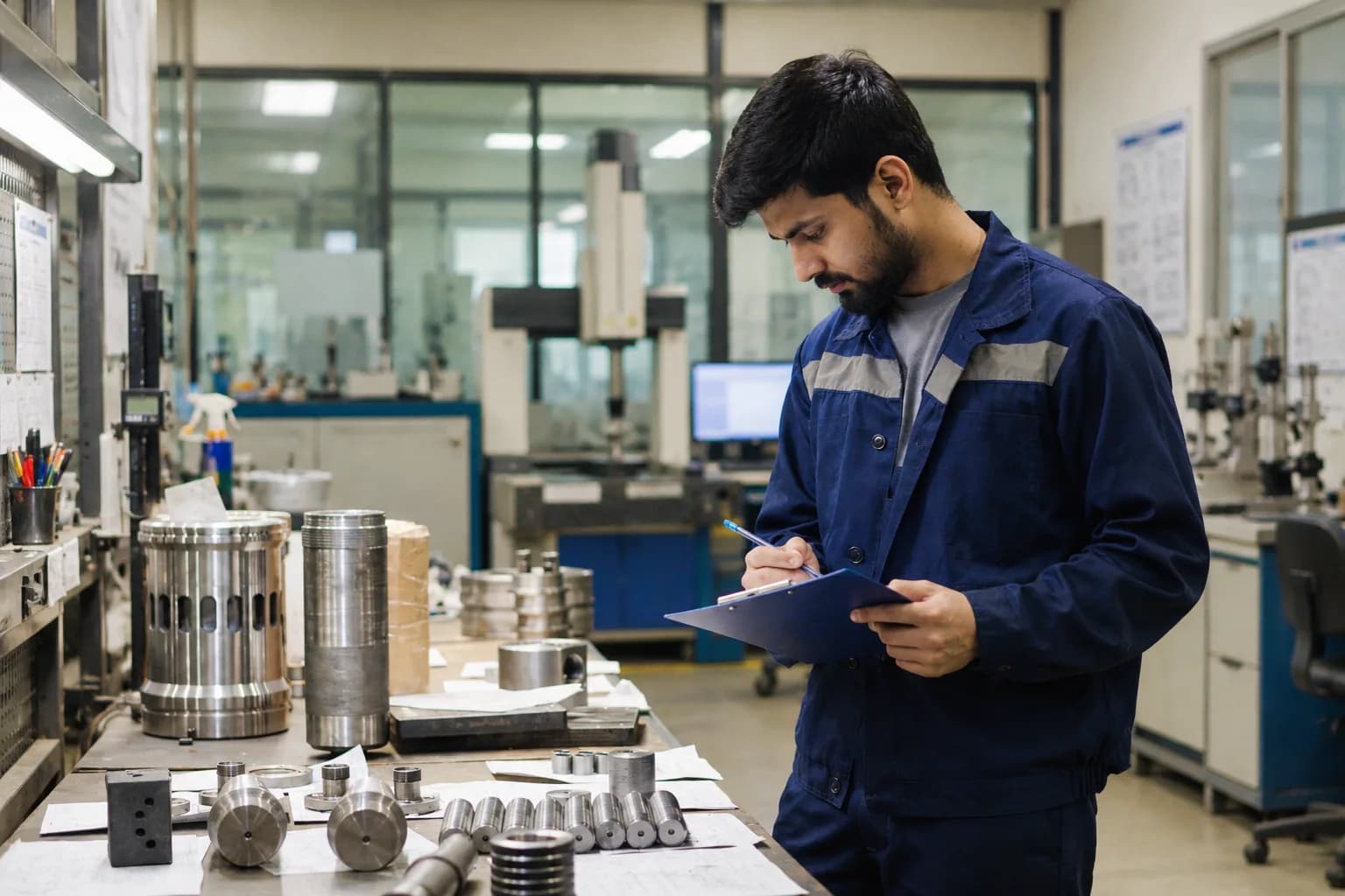 A UEC engineer recording inspection results in the quality lab