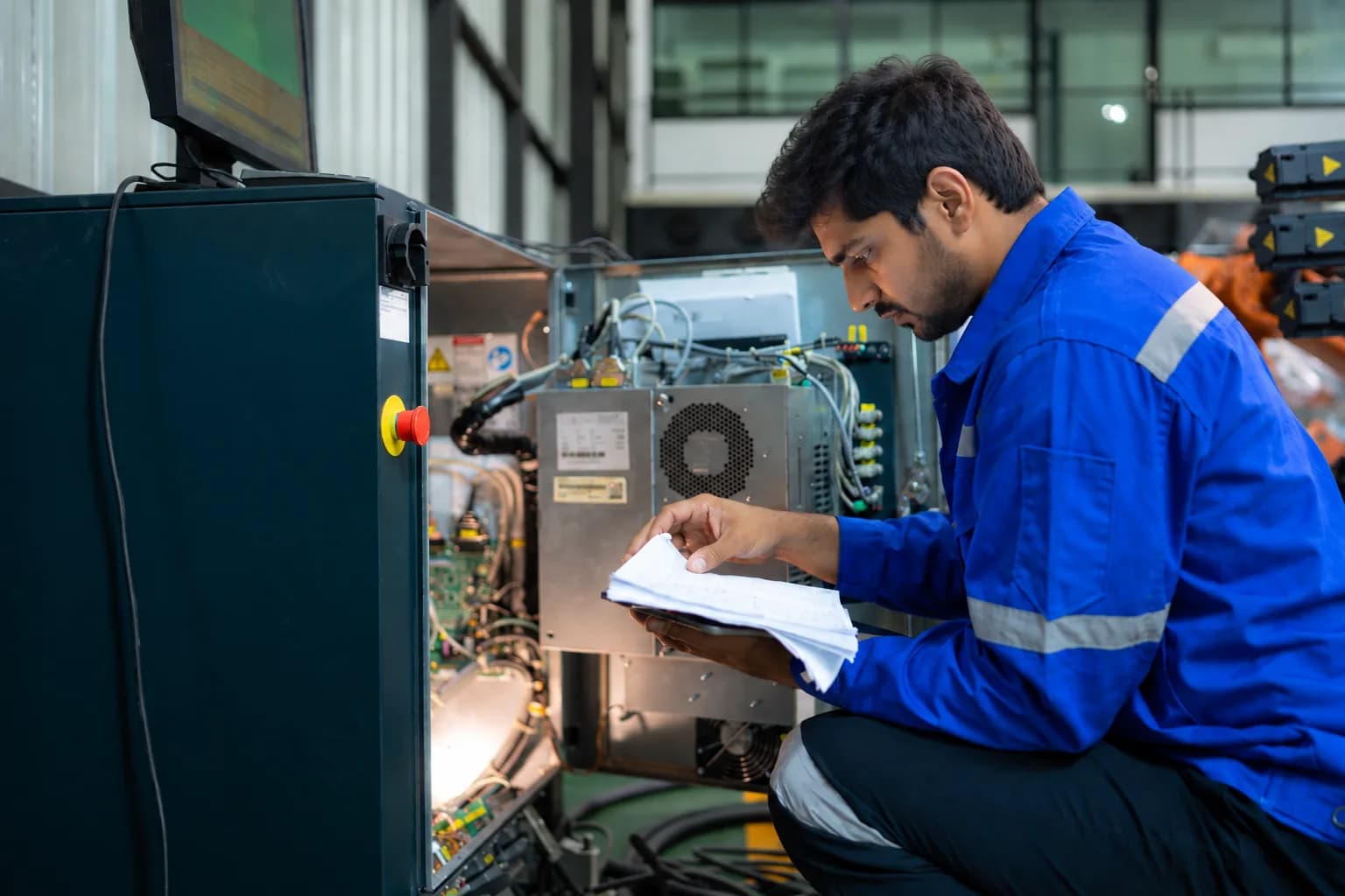 A UEC engineer servicing an instrument, with its documentation in hand